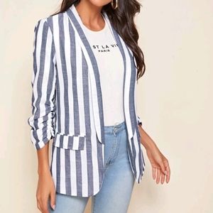 Gathered Sleeve Striped Blazer